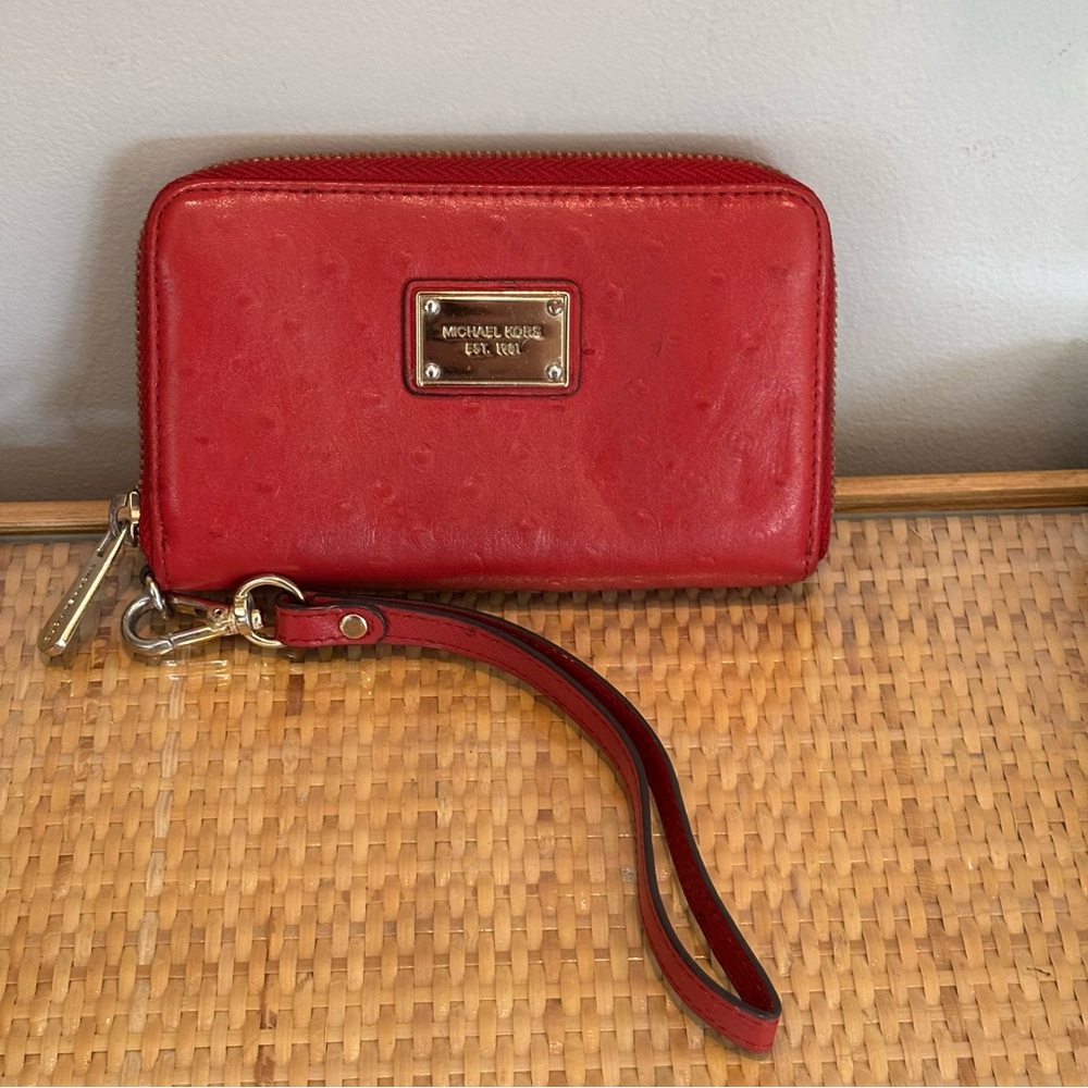 Michael Kors Ostrich Leather Red Zip small Wallet/Wristlet in great condition